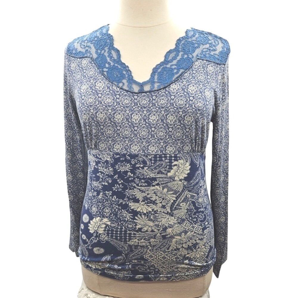 Christopher & Banks Blue White Floral Lace V Neck Long Sleeve Top XL